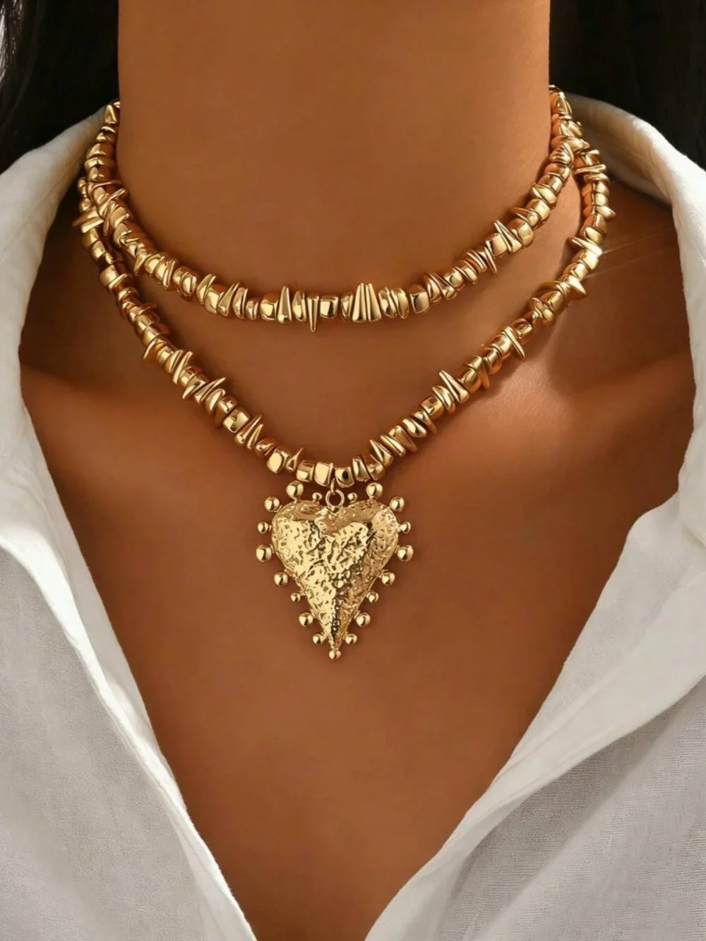 gold Elegant Asymmetrica Handmade Beaded heart pendant Necklace